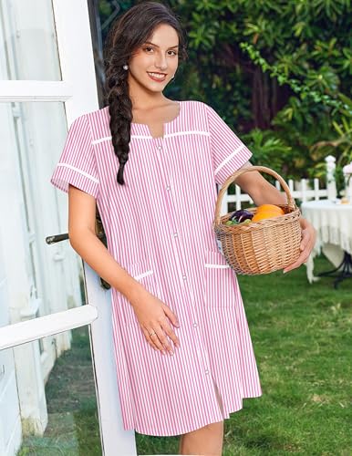 Image of Ekouaer Nightgowns for Women House Dress with Pockets Snap Front House Coat Short Sleeve Duster Moo Moos Sleepwear S-3XL