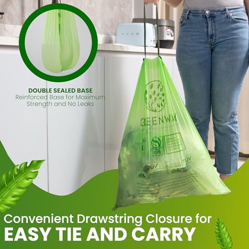 GREENWAY 13 Gallon Compostable Drawstring Trash Bags, Extra Thick 1.0 Mil, 50 Count, BPI & OK Home Certified, Leak-Proof Kitchen Garbage Bags For Food_desvips.com