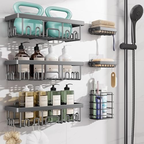 Image of Veken Rustproof & Waterproof Shower Caddy 6-Pack, No Drilling Adhesive Shelves Rack with Soap Holder, Large Capacity Bathroom Organizers and Storage, Wall-Mounted Kitchen & Home Decor, Dark Grey
