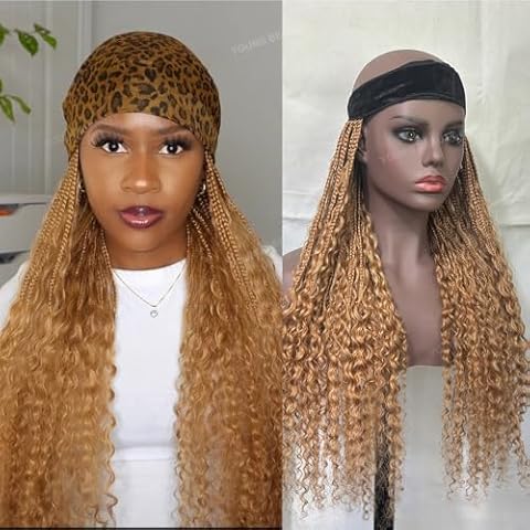 YOUNG BEAUTY Crochet Boho Box Braids Band Wigs Honey Blonde Bohemian with Human Hair Curly Ends Braided Hair Extensions Color #27 Braided Band wigs Cover