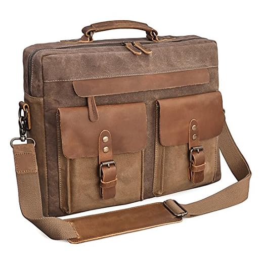 Mens Messenger Bag 15.6 Inch Vintage Genuine Leather Briefcase Waterproof Waxed Canvas Laptop Computer Bag Large Leather Satchel Shoulder Bag Brown