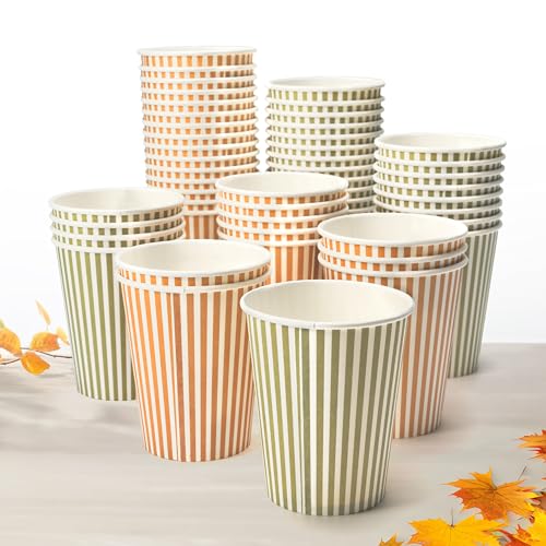 Cheerland Sage Green Orange Striped Paper Cups Pastel Fall Themed Party Cup Forest Friends Autumn Kids Birthday Tableware Fall Woodland Birthday Party Supplies - Pack of 50