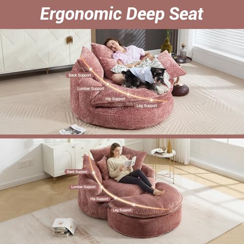 Image of 54 inch Round Chaise Lounge with Ottoman Big Bean Bag Round Sofa Bed Oversized Round Couch Boneless Reading Chair Comfy Plush Chenille Large Chaise Chair for Living Room, Apartment, Pink