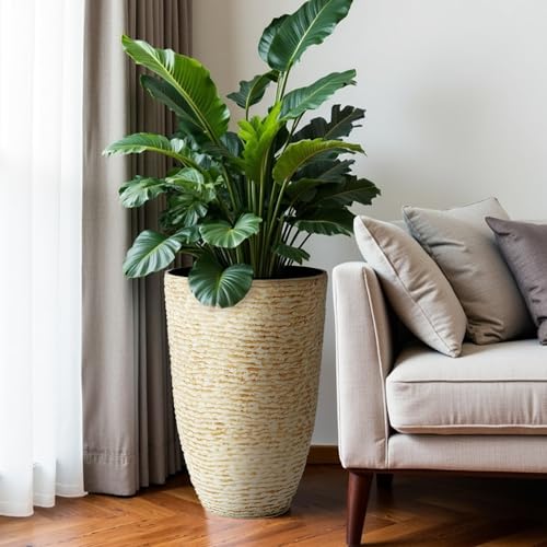 Worth 9 Gallon Tall Round Planters Set of 2-14" Dia x 21" H Stone Finish Flower Pots Indoor Decorative Container Garden Patio Unbreakable Beige - Image 5