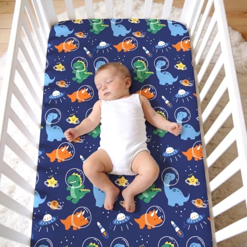 Image of JISEN Baby Fitted Crib Sheets for Boys Girls 52x28 Inch Space Dinosaurs