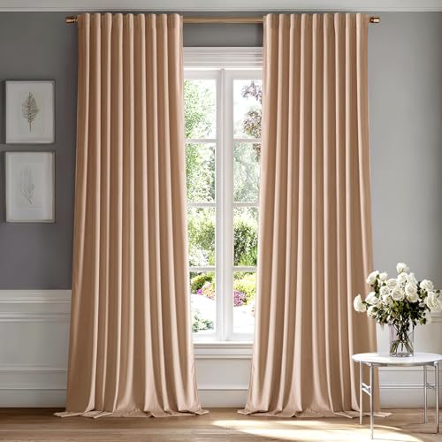 Image of MIULEE Blush Beige Velvet Pinch Pleat Blackout Curtains W52 X L96 Inches | 2 Panels,Luxury,Thermal Insulated,Super Soft,Back Tab & Rod Pocket,for Bedroom Living Room