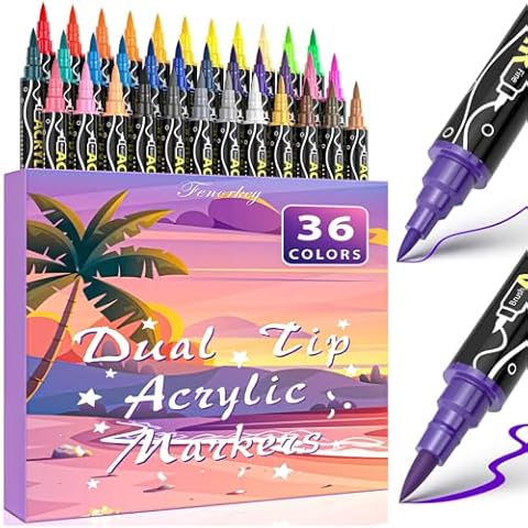 36 Colors Acrylic Paint Markers, Dual Tip Acrylic Paint Pens with Premium Fine Tip and Brush Tip for Stone, Wood, Paper, Canvas, Fabric, Glass, Rock Painting, Ceramic Surfaces, DIY Art Supplies Cover