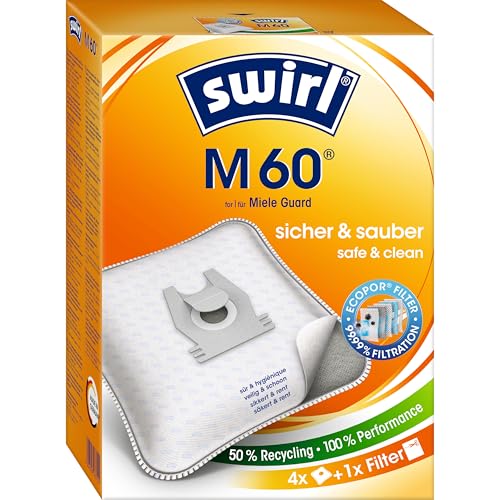 Swirl M 60 EcoPor Staubsaugerbeutel (4 Beutel) reißfeste Staubbeutel für einige Miele & Hoover Staubsauger 99 9% Filterung von Hausstaub & allergenem Feinstaub