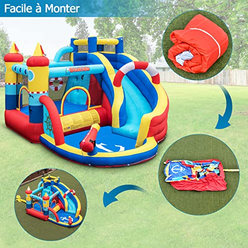 GOPLUS Inflatable Pirate Castle, with Slide, Water Gun and Trampoline, Pool and Climbing Wall, for 3-4 Children 3-12 Years Up to 120 kg, 360 x 290 x 200 cm (Pirate+450 W Inflator)