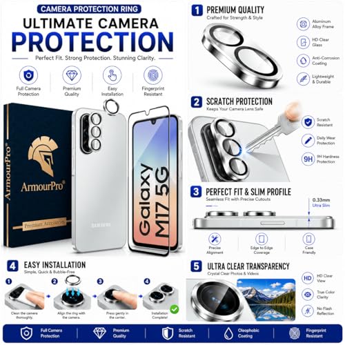 Image of ArmourPro Edge to Edge Tempered Glass for Samsung Galaxy M17 with Silver Camera Ring Guard, 9H Screen Protector, Anti-Scratch, Anti-Fingerprint, Bubble-Free Installation Kit