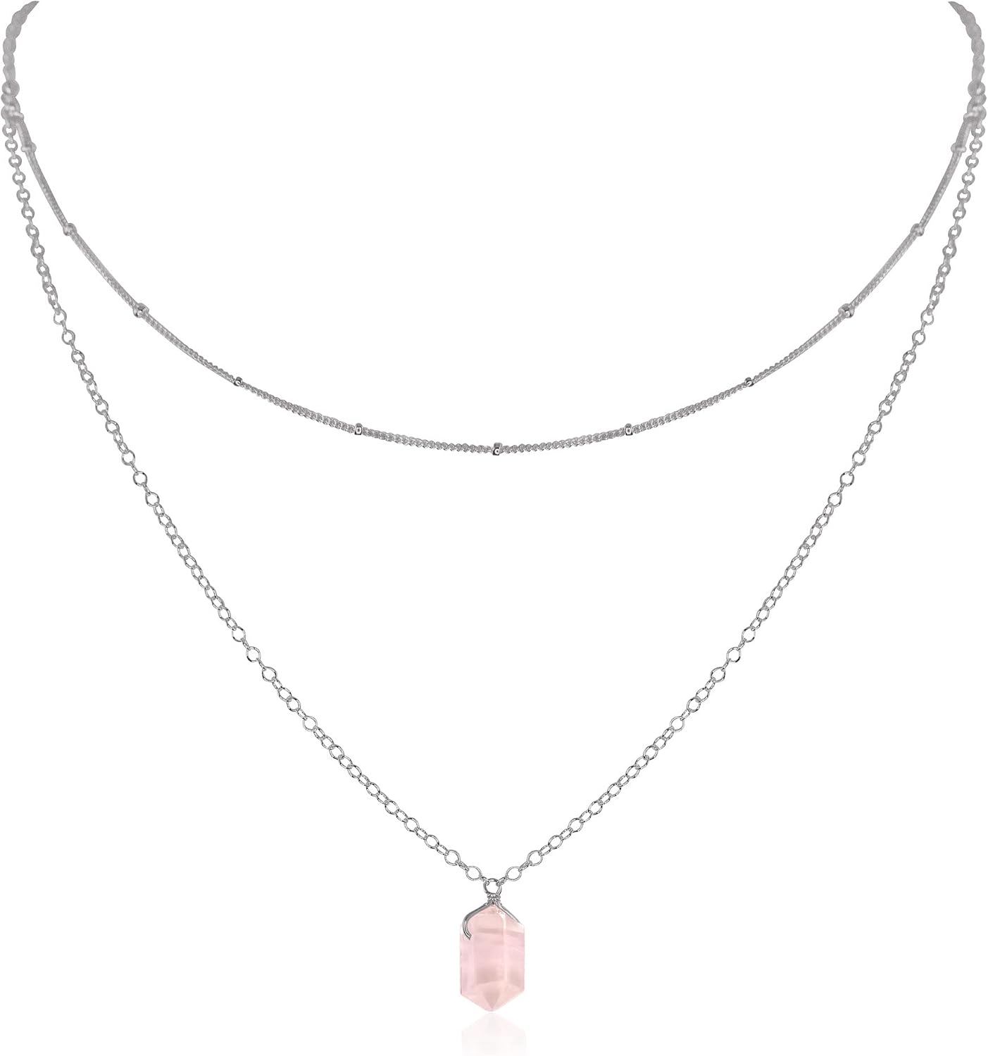 Luna Tide Rose Quartz Double Terminated Crystal Layered Choker in Stainless Steel