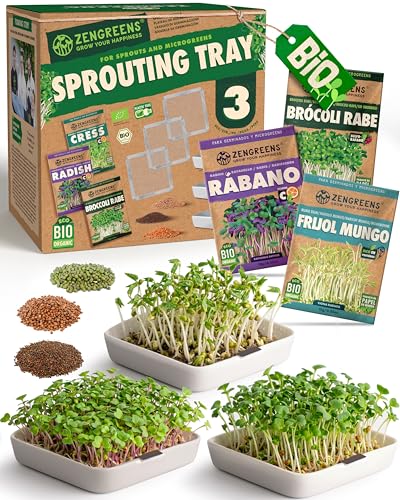 zengreens® Bandeja de germinación Bio   Set de 3   Plato germinador con Rejilla   Incluye: bandejas y Semillas (Berro, brócoli y rábano)