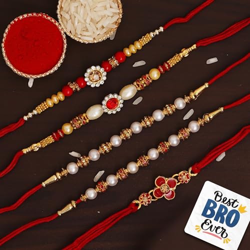 Image of eCraftIndia Set of 5 Red, Golden & White Beads, Pearl, Diamond, Floral Designer Rakhis, Best Bro Ever Fridge Magnet with Roli Chawal Pack - Rakhi for Brother, Bhaiya, Bhai