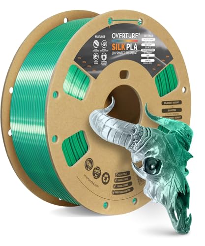 Image of OVERTURE Silk PLA Dual Color Filament 1.75mm, Bi-Color Shiny PLA Finish, Smooth & Glossy, 1kg Spool (2.2lbs), Ideal for Cosplay Jewelry & Home Decor (Silk Green-Silver)