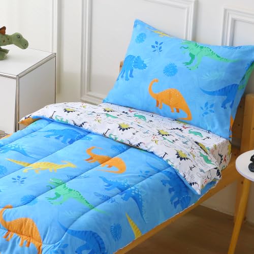 Image of Viviland Toddler Comforter Sets, 4 Pieces Bedding Sets, Dinosaur Pattern | Microfiber Blue Dino Bed Set, Boys, Breathable & Soft, Comforter, Bed Sheet, Fitted Sheet and Pillowcase, Machine Washable