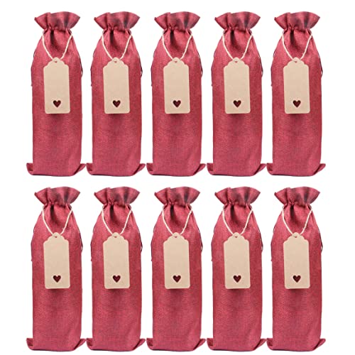 10 Pieces Burlap Wine Bags, Jute Gift Bags With Drawstrings, Single Reusable Wine Bottle Covers With Ropes And Tags (Burgundy Red -10Pcs) #TOP9