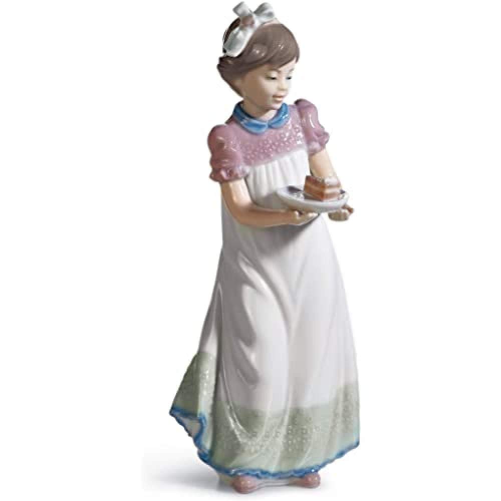 LLADRÓ Glossy Porcelain Figure Girl with Cake. Decorative Porcelain Figure of a Young Girl, White and Gold