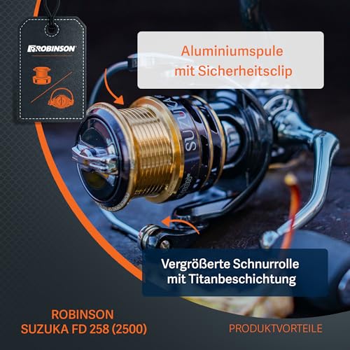 Robinson Angelrolle – Frontbremse, 8 Kugellager, Duraluminium-Spule, 5.2:1, ideal zum Angeln auf Barsch, Zander und Hecht – Suzuka (2500)