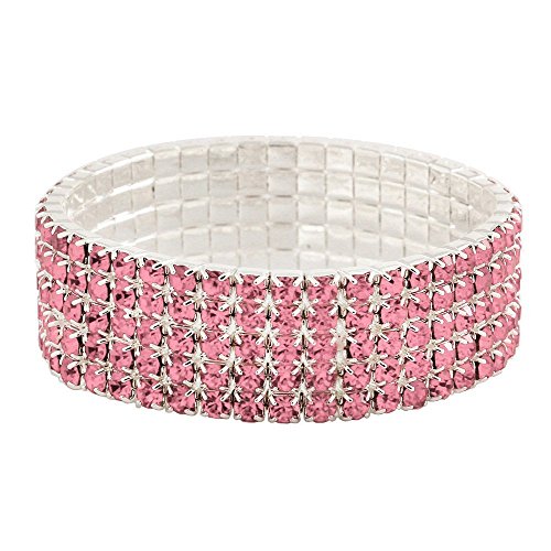 Falari Rhinestone Crystal Stretch Bracelet Sparkle Wedding Bridal 5 Rows Pink