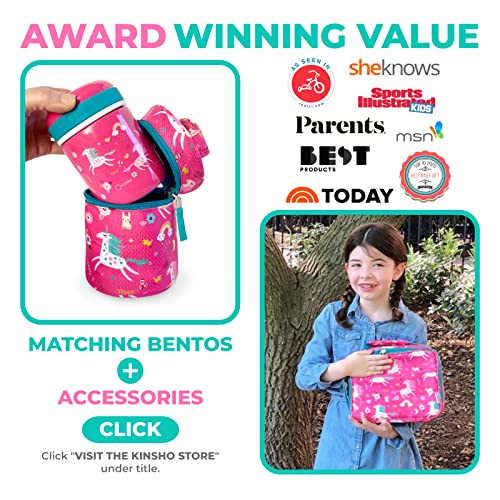 Kinsho Bento Lunch Box With Insulated Bag, Water Bottle&Ice Pack Set For Kids Toddlers, 5 Portion Sections, Bpafree Removable Tray, Preschool Kid Toddler Daycare Lunches, Snack Container,Pink Unicorn #TOP6