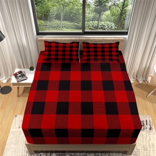 YBRAVO King Size Fitted Sheets Red Checkered Stripes Printed Bed Sheets 160x200 cm Deep Pocket 30 cm, Easy Care Soft Brushed Microfibre Fabric Bedding Sheets for Kids Boys Girls