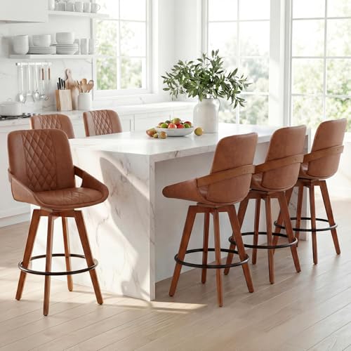 Image of AQG Bar Height Bar Stools Set of 6, Mid Century Modern Bar Chairs Swivel with Back, Faux Leather Upholstered Barstools Walnut Wood Frame for Kitchen Island (Brown, 30 Inch - 6 PCS)