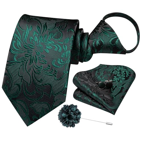 Image of Hi-Tie Dark Green Ties For Men Pretied Silk Adjustable Floral Zipper Necktie Pocket Square Cufflinks Lapel Pin 4pcs Wedding Party Prom