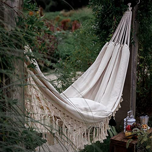 Double Sized Boho Macrame Cream Hammock with Elegant Tassels and Fishtail Knitting 485Lbs Includes Tie Ropes and White Drawstring Bag for Women - Image 4