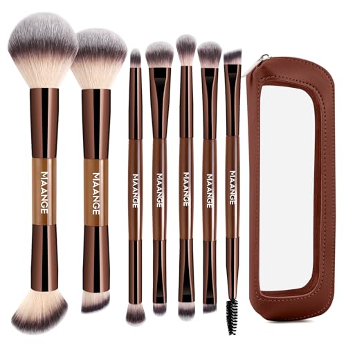 MAANGE Set de pinceaux de maquillage – 7 pièces + Étui – Ensemble de pinceaux de maquillage professionnel pour fond de teint, fard à paupières & poudre, Incl. Pinceau 2-en-1 double face, Or café