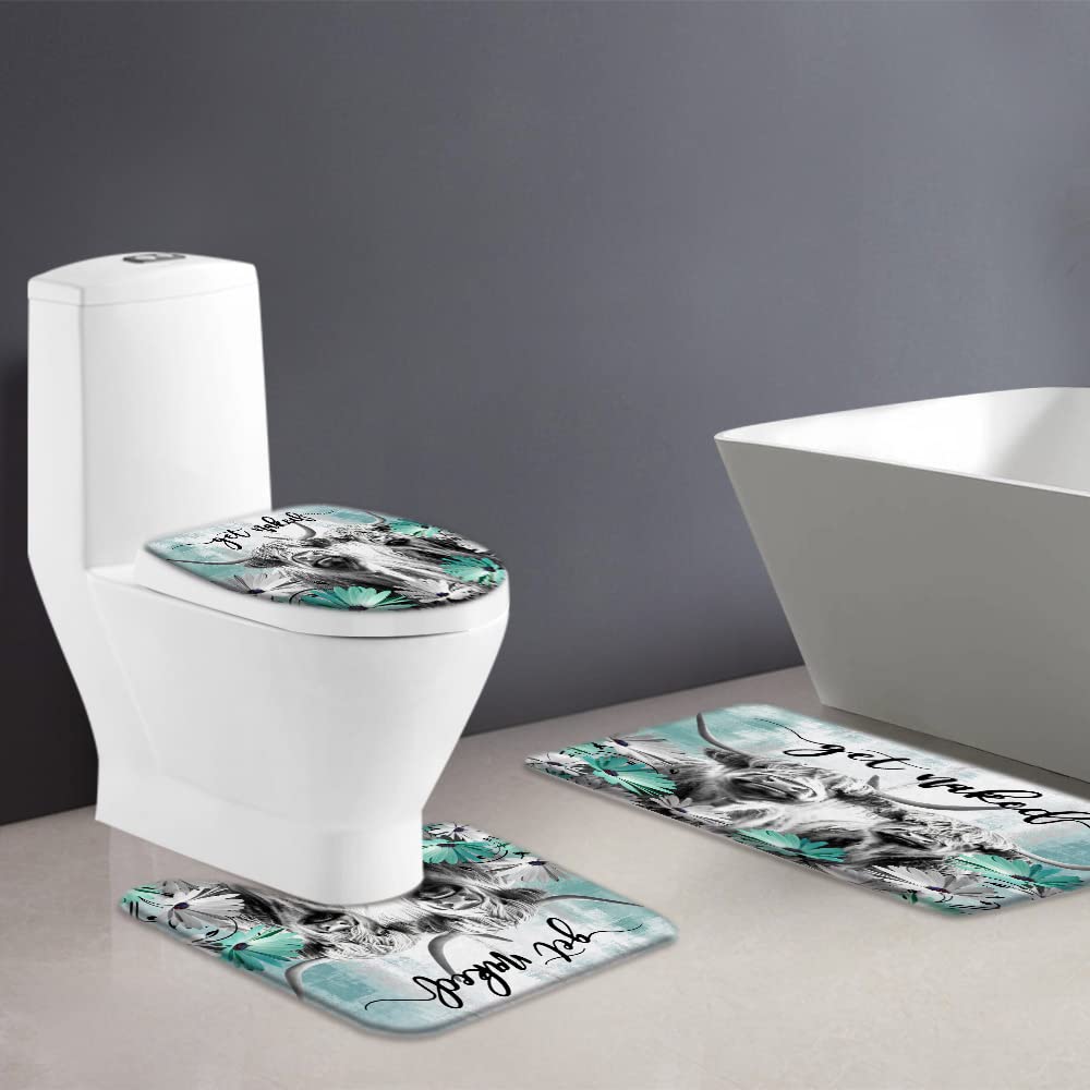 3 Piece Farmhouse Highland Cow Get Naked Bath Mat Sets Farm Animal Portrait of Highland Cow Longhorn Bull Rustic Flower Western Bathroom Doormat Rugs,Toilet Seat Cover,U-Shaped Floor Mat