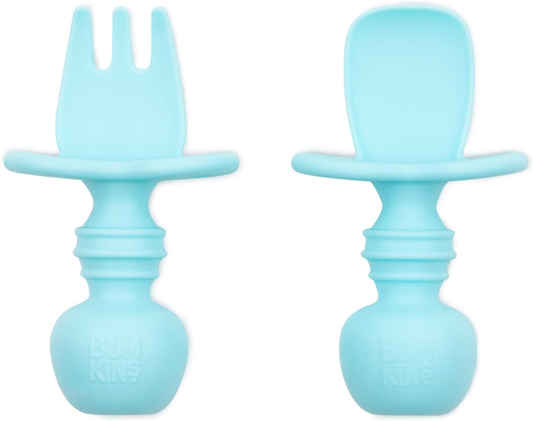 Bumkins Silicone Chewtensils, Baby Fork and Spoon Set, Training Utensils, Baby Led Weaning Stage 1 for Ages 6 Months+ in Blue