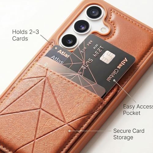 Image of amazon basics Premium Vegan Leather Back Cover with Card Holder and Integrated Mobile Stand for Samsung Galaxy S25 5G - Slim Shockproof Wallet Case with Geometric Stitching [Tan]