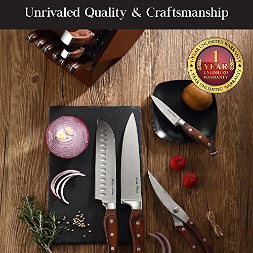 Master Maison 15-Piece Kitchen Knife Set with Block - Knife Set - Stainless Steel Knives with Sharpener and 6 Steak Knives (Walnut)