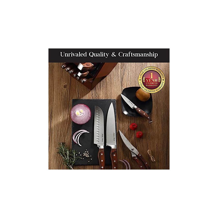 Master-Maison-15-Piece-Premium-Kitchen-Knife-Set-With-Block-German-Stainless-Steel-Knives-With-Knife-Sharpener-6-Steak-Knives-Walnut Master Maison 15-Piece Kitchen Knife Set with Block - Knife Set - Stainless Steel Knives with Knife Sharpener and 6 Steak Knives (Walnut)