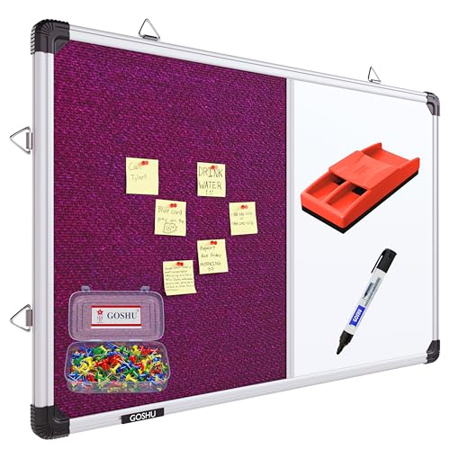 Image of GOSHU Combination 2 feet x3 feet Non Magnetic White Board with Pink Pin-up Notice Board Includes 1 Duster, 1 Marker and 50 Push up pins for Home, Office & School (Pink, 2x3 feet, Pack of 4 Items)