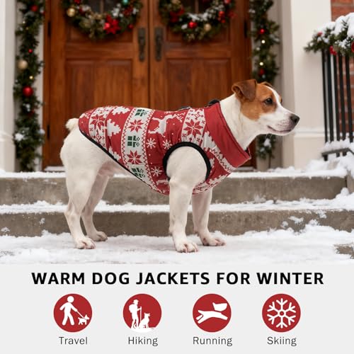 Image of SCENEREAL Christmas Winter Dog Vest Coat with Harness Built in | Cold Weather Coat with Zipper for Small dogs, Fleece Puffer Vest Windproof Snow Clothes