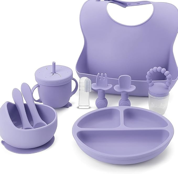 Indique Baby Weaning Set - 11 Pcs Silicone Baby Feeding Set with Suction Plate, Weaning Kit with Adjustable Bib, Fork, Spoon, Fruit Feeder & Toothbrush – Ideal Weaning Set Baby Gift (Lavender)