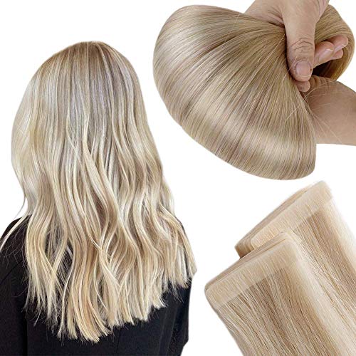 Full Shine Tape in Hair Extensions 16 Inch Inject Tape in Human Hair Extensions Color 18 Highlight With 613 Blonde 2.5 Gram Per Pcs 12.5 Gram Per Pack Invisible Skin Weft PU Remy Hair Extensions