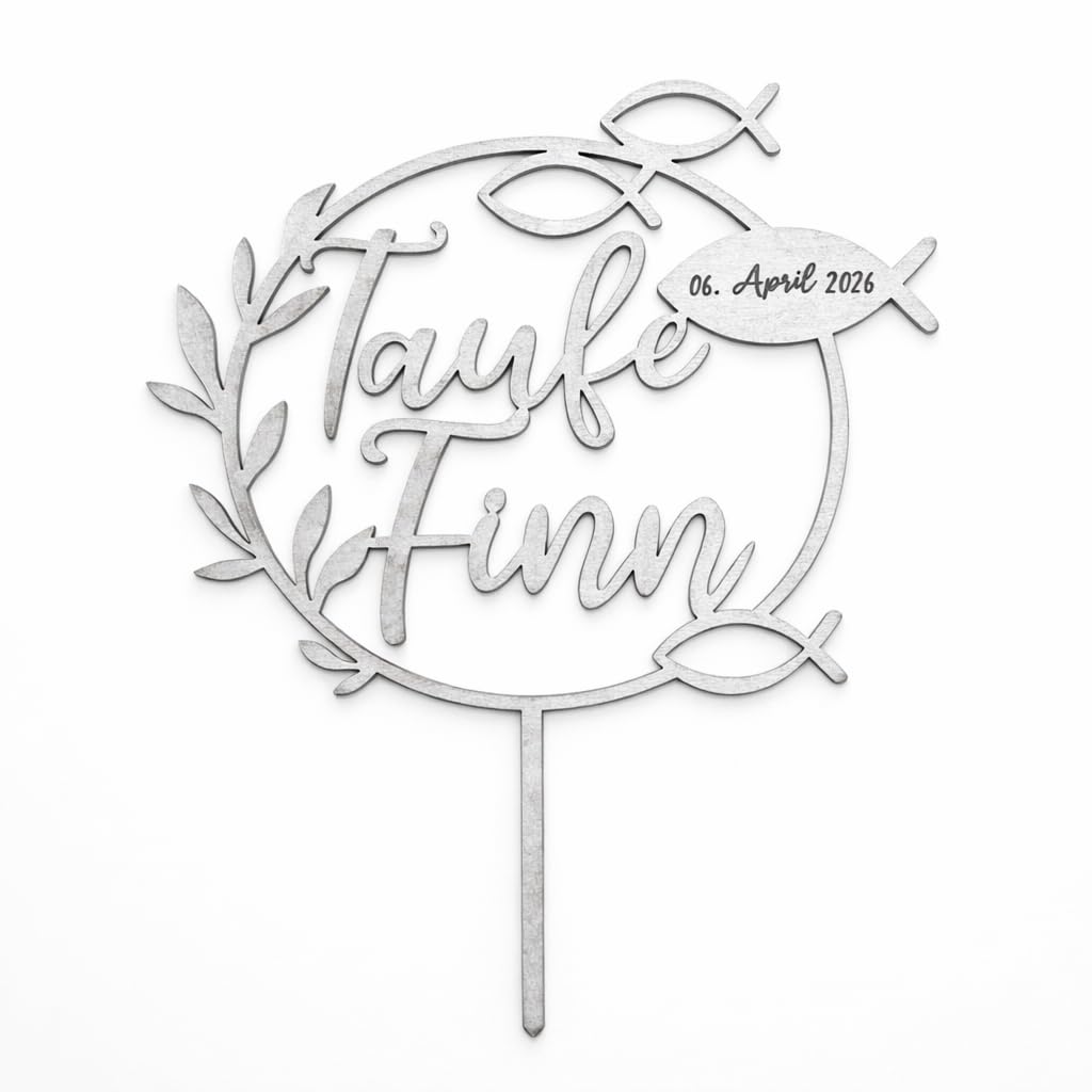 Birdart Box® Taufe Tortenstecker mit Namen – personalisierter Tortenstecker aus umweltfreundlichem Holz, stabiler Cake Topper 15cm Durchmesser (Silber)