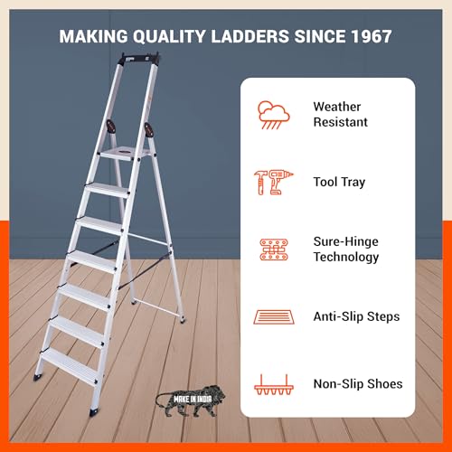 Image of Bathla Elevate 7-Step Foldable Aluminium Ladder for Home with Tool Tray | Anti-Skid | Durable, Heavy Duty, Safe & Stylish | 5-Year Warranty | Black