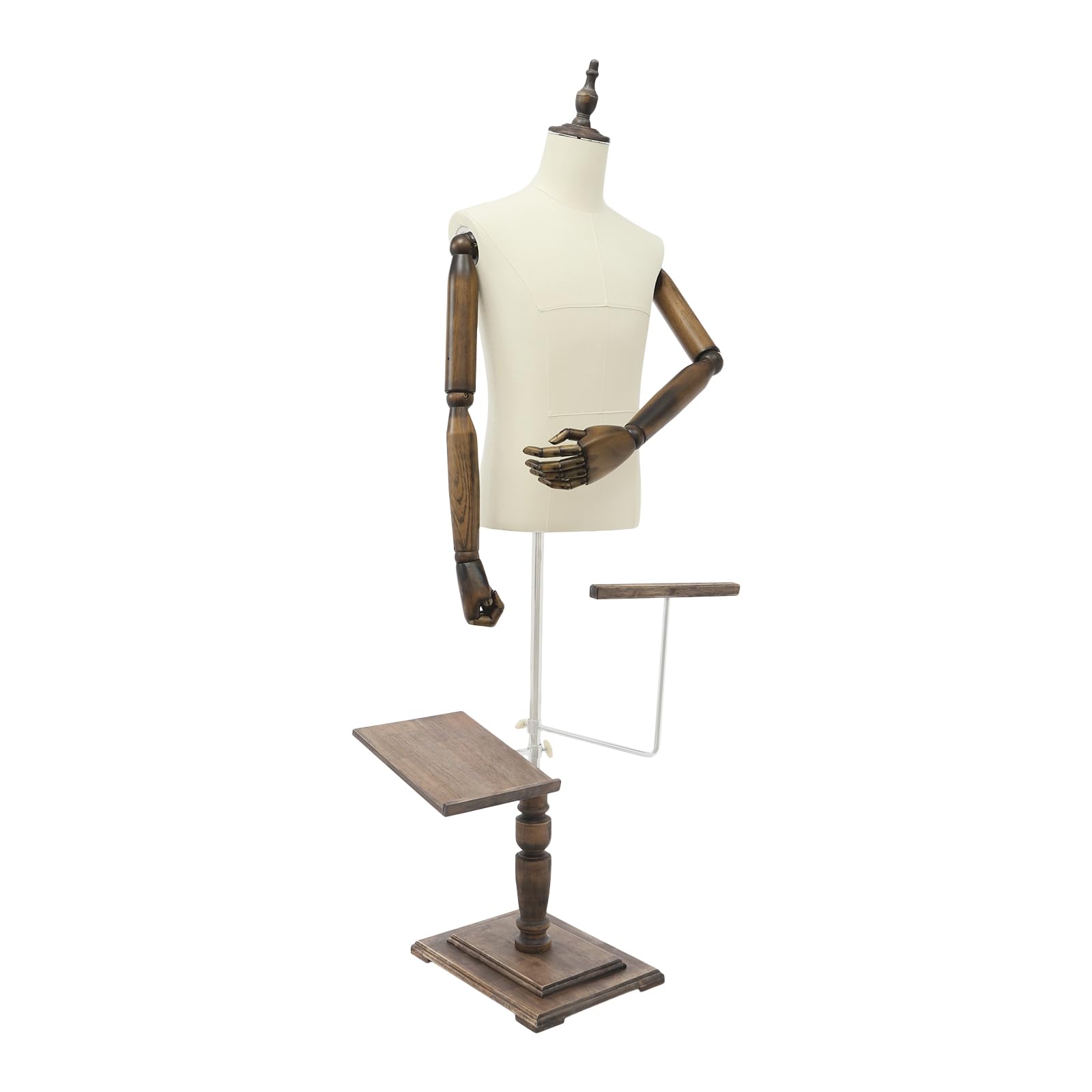 Manichino da sartoria, maschio, regolabile (135 – 180 cm), da uomo, busto sartoriale, corpo con ripiano per pantaloni + portascarpe per esposizioni e cucito (beige, M)