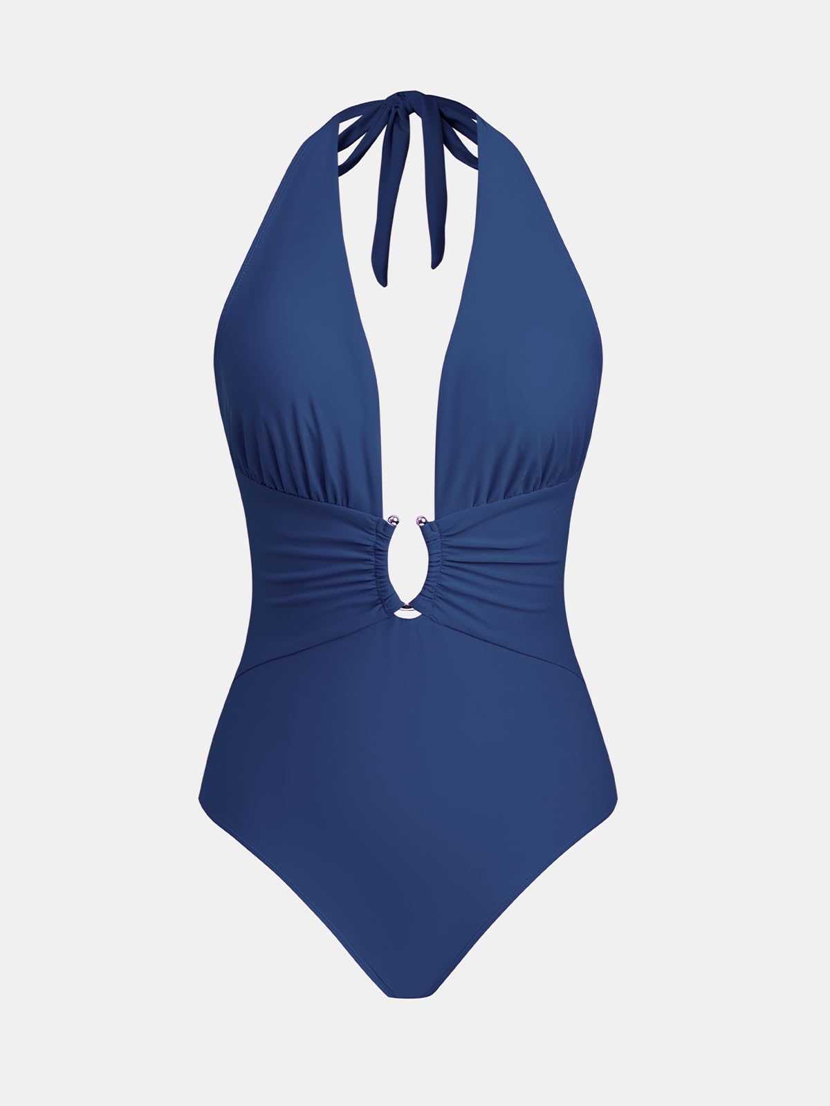 CUPSHE Traje de baño de una pieza para mujer, cuello en V profundo, cuello halter, fruncido, correas ajustables, anillo en O