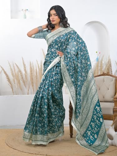 Image of SIRIL Women's Cotton Printed Saree With Unstitched Blouse Piece