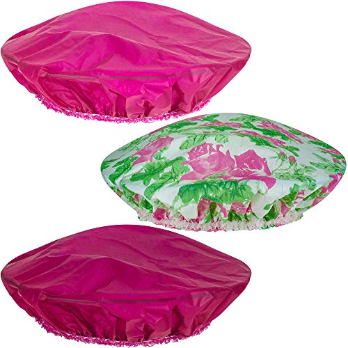 Adobella 3 Shower Caps, Reusable, Waterproof Bath Hat for Women and Girls, Keep Hair Dry During Baths and Showers, Multifunctional, Beautifully Designed Caps (Set of 3)