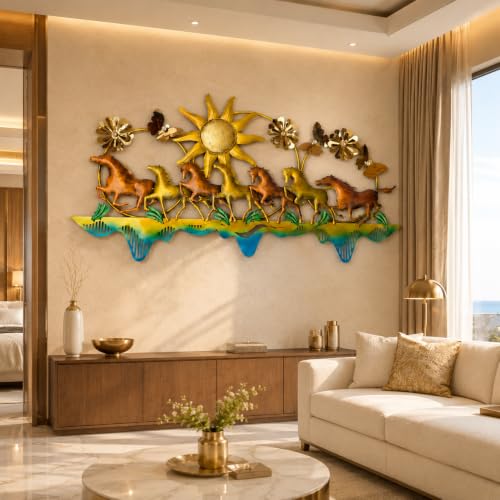 Image of SHREE 'O' GREEN TECH - Large Multicolor Running Horses Metal Wall Decor Big Seven Horse Artwork with Sunrise Floral Design Wall Hanging for Vastu Living Room (51 x 25 Inch)