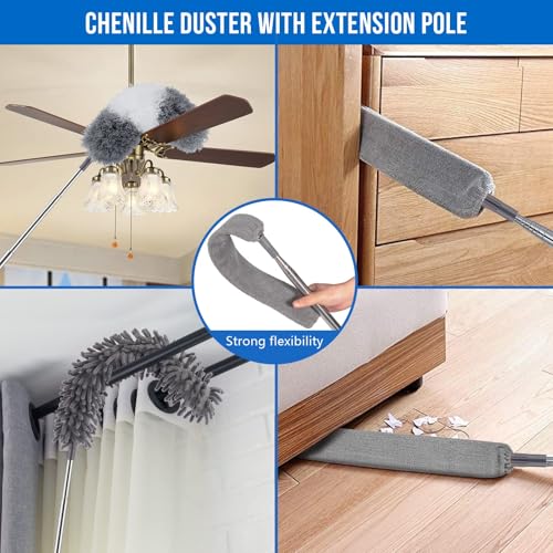 Image of UIMO Microfiber Feather Duster 5-in-1 Kit for Dusting and Cleaning - 30-100 inch Extension Pole, Anti-Slip Grip, Bendable Washable Heads for Ceiling Fan, Furniture, Car (Blue)
