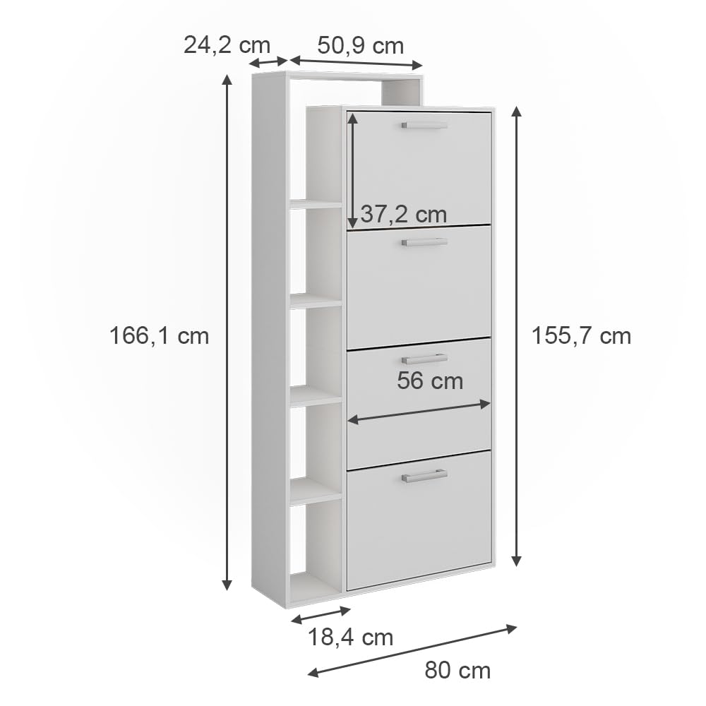 Vicco Schuhkipper Orlando, Weiß, 80 x 166.1 cm mit 4 Fächern, zur Aufbewahrung und Organisation von Schuhen im Eingangsbereich