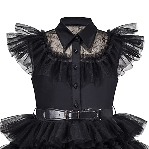 Sunny Fashion Girls Dress Black Lace Cake Multilayered Leather Belt Tutu Tulle3