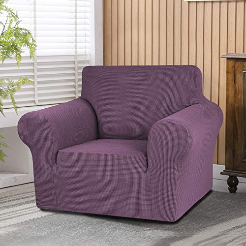 KEKUOU Stretch Single Sofa Slipcover 1 Piece Couch Sofa Cover (31"-55") Furniture Protector 1 Seater Sofa with Elastic Bottom for Kids,Pet.Jacquard Small Checked Pattern Fabric(Small,Dark Purple)
