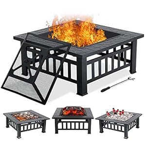 HCY 32″ Fire Pit Table for Outside,Outdoor Fire Pit Square Wood Burning with Spark Screen Fire Poker for Camping,Backyard,Patio(Black)